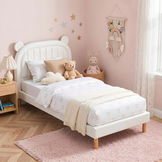 TWSC Kids King Single Bed Frame Bear Ears Headboard Upholstered Leather Platform Bed for Child