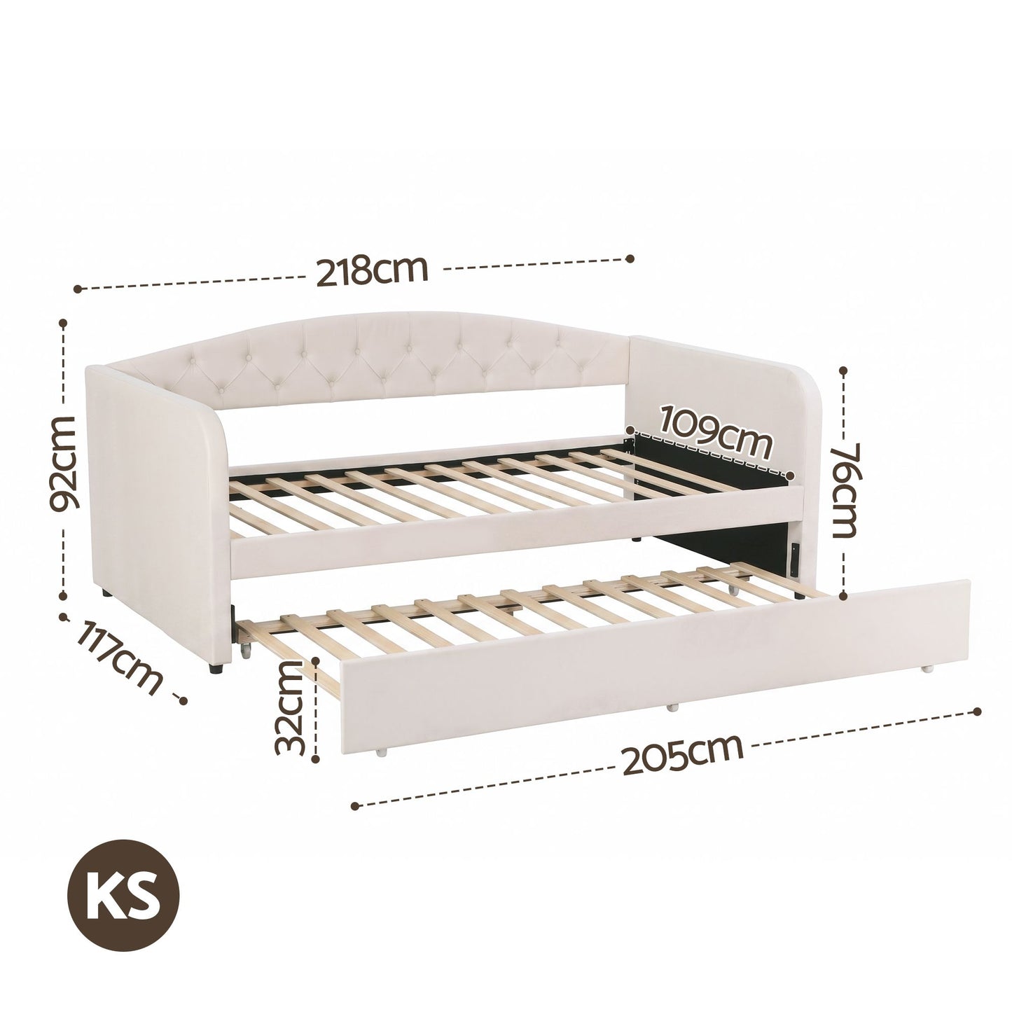 TWSC King Single Daybed Velvet Trundle Bed Frame Tufted Guest Bed