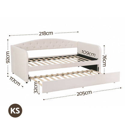 TWSC King Single Daybed Velvet Trundle Bed Frame Tufted Guest Bed