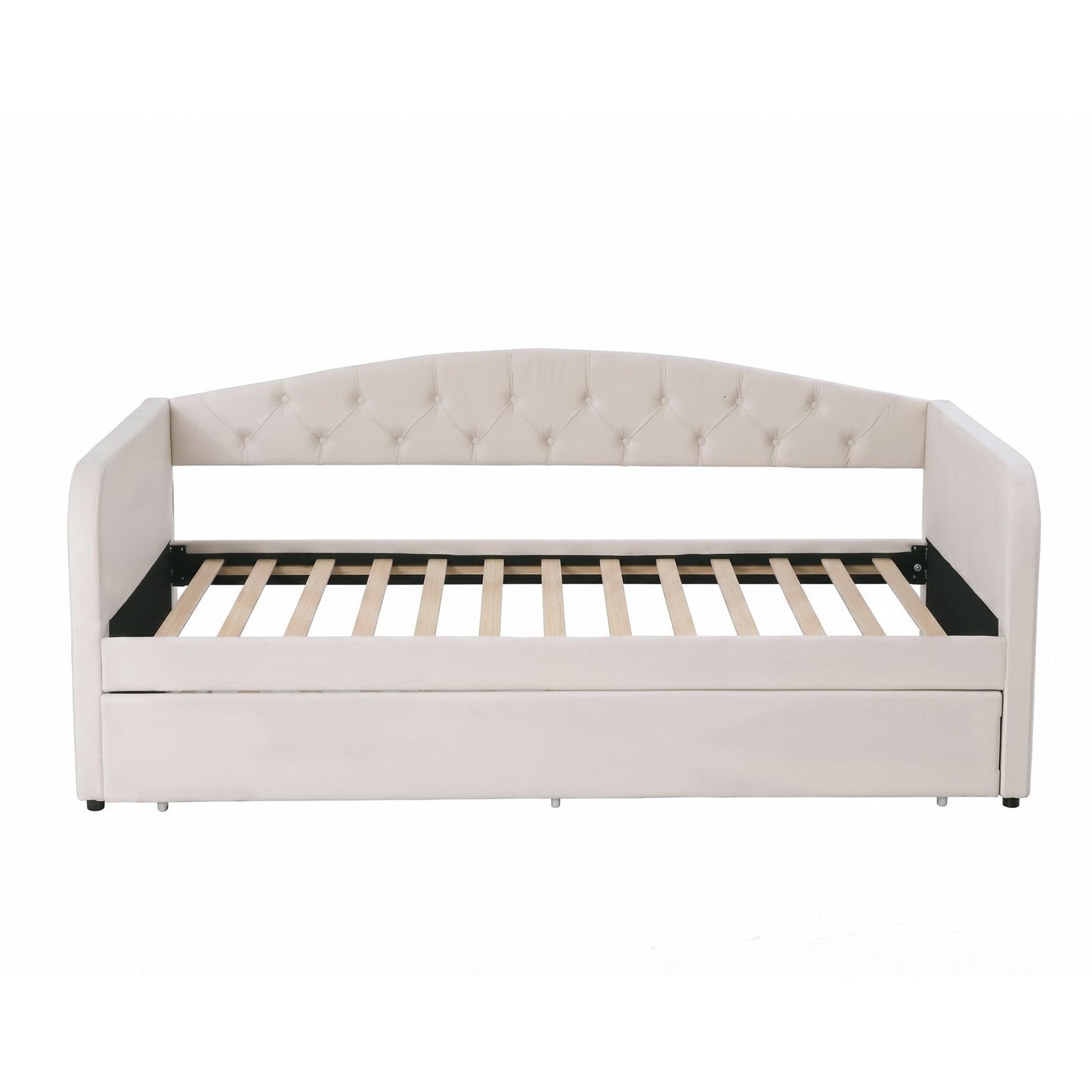 TWSC King Single Daybed Velvet Trundle Bed Frame Tufted Guest Bed
