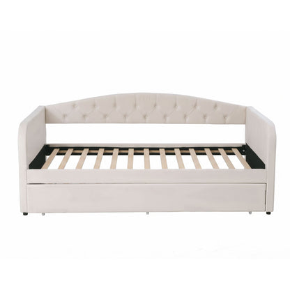 TWSC King Single Daybed Velvet Trundle Bed Frame Tufted Guest Bed