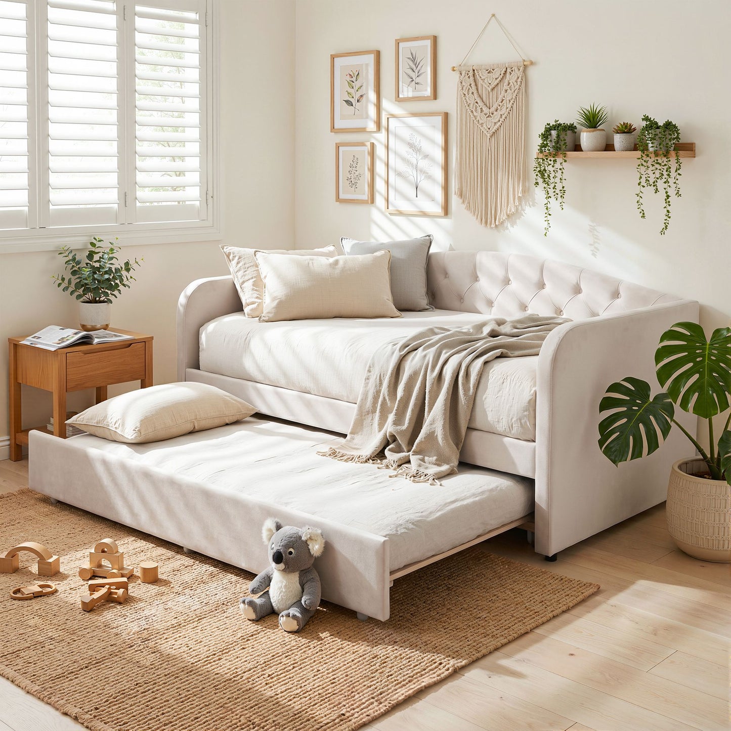 TWSC King Single Daybed Velvet Trundle Bed Frame Tufted Guest Bed