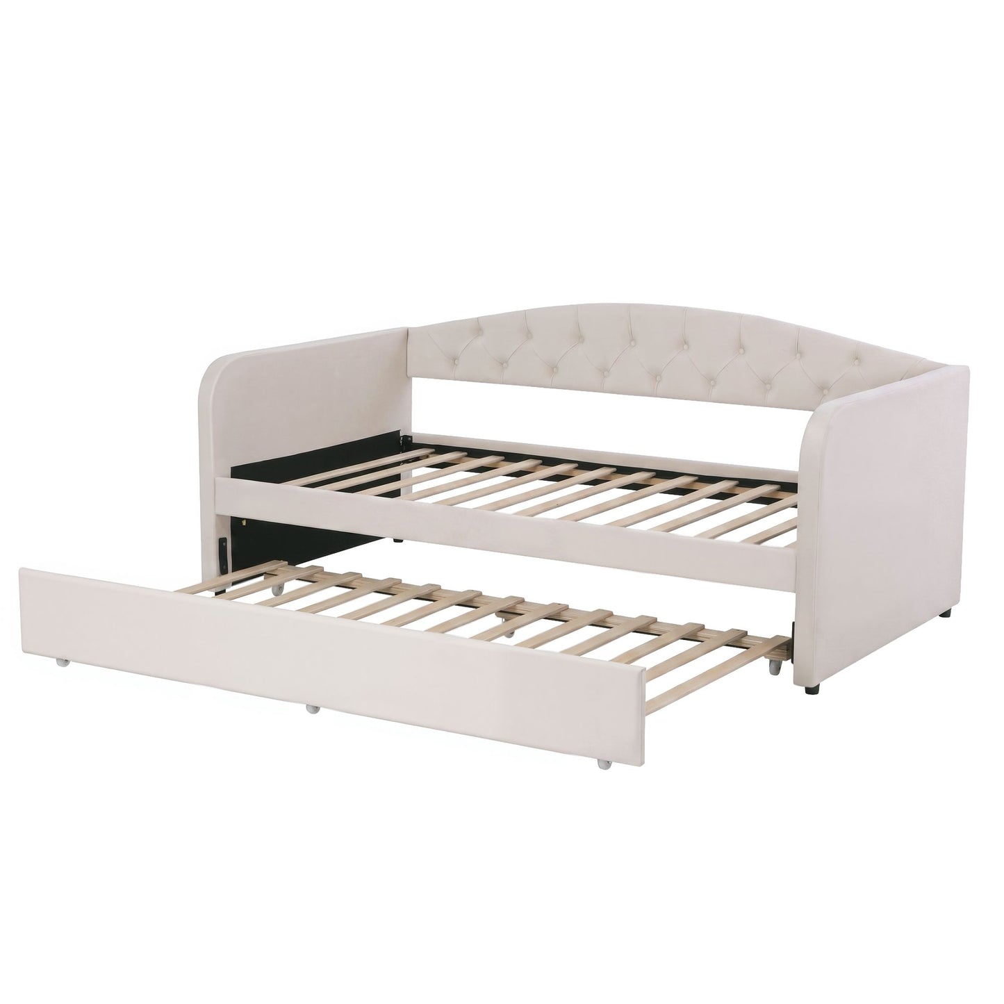 TWSC Single Daybed Velvet Trundle Bed Frame Tufted Guest Bed
