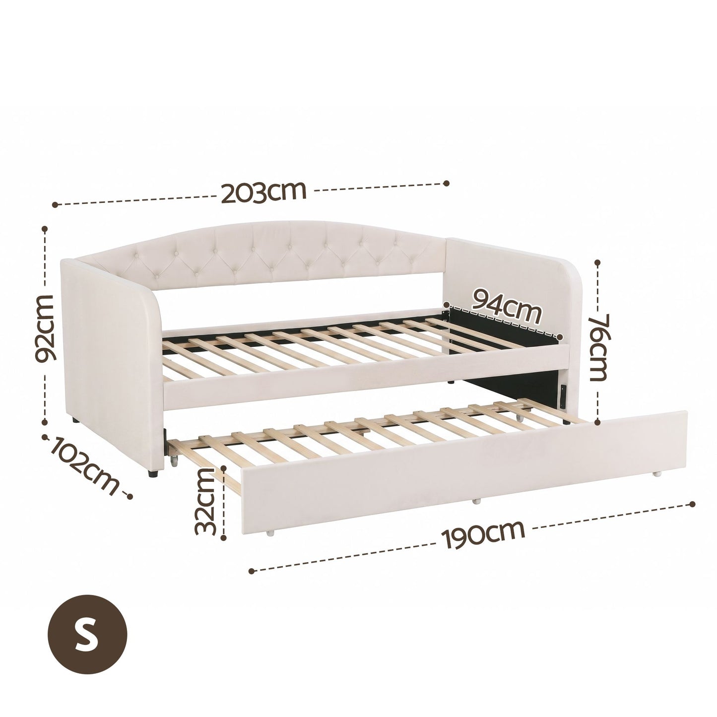TWSC Single Daybed Velvet Trundle Bed Frame Tufted Guest Bed