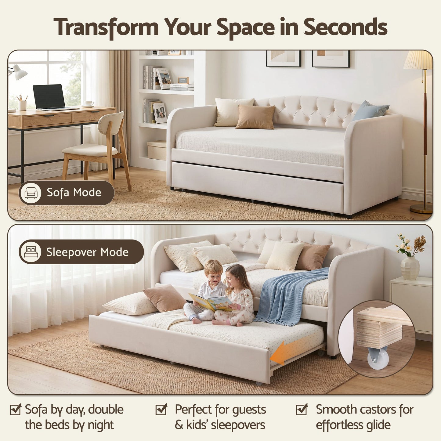 TWSC Single Daybed Velvet Trundle Bed Frame Tufted Guest Bed