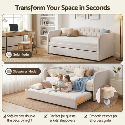 TWSC Single Daybed Velvet Trundle Bed Frame Tufted Guest Bed