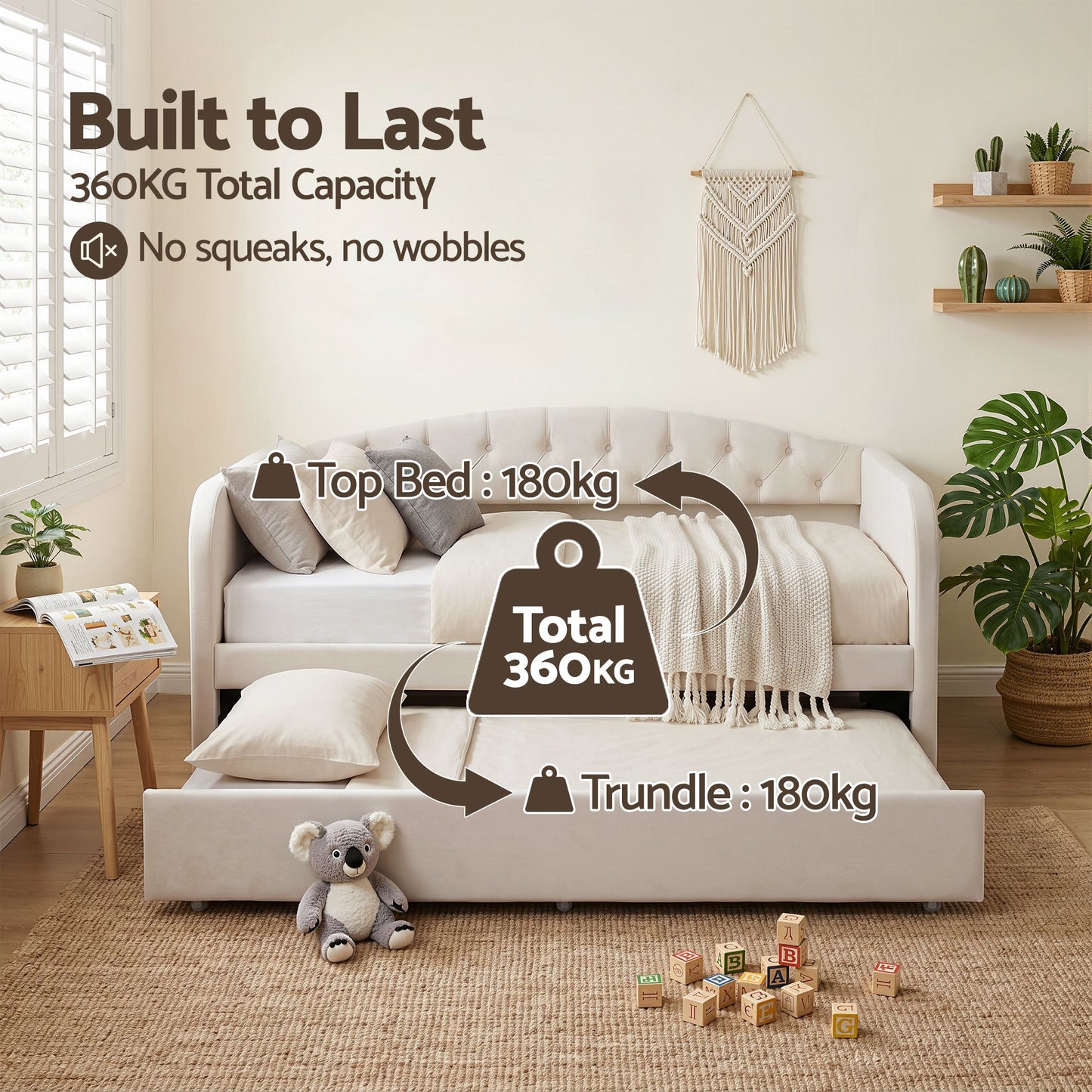 TWSC Single Daybed Velvet Trundle Bed Frame Tufted Guest Bed