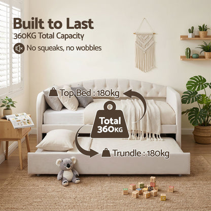 TWSC Single Daybed Velvet Trundle Bed Frame Tufted Guest Bed