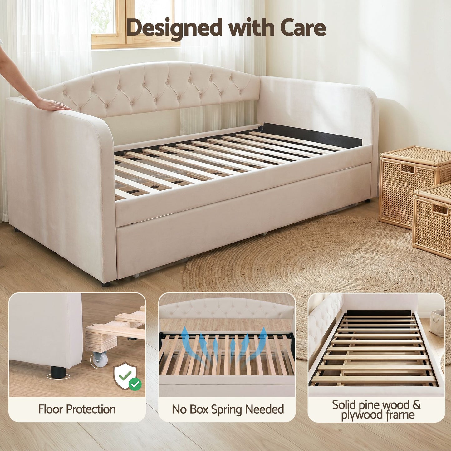 TWSC Single Daybed Velvet Trundle Bed Frame Tufted Guest Bed