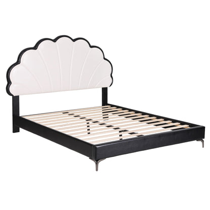 TWSC Double Bed Frame with Adjustable Shell Headboard and PVC Upholstery