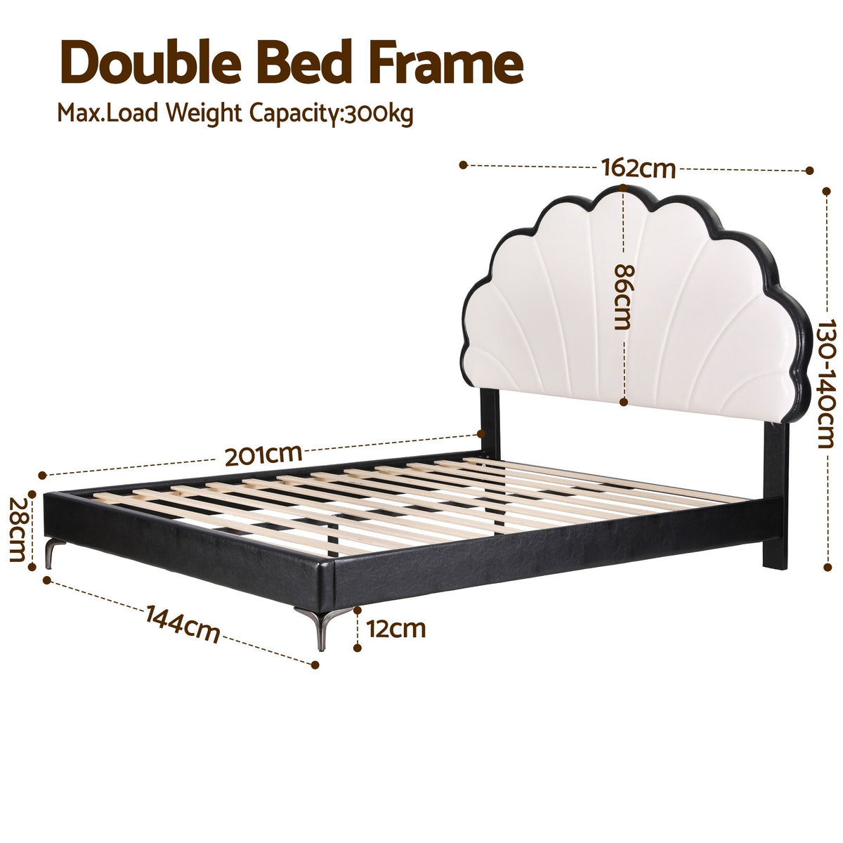 TWSC Double Bed Frame with Adjustable Shell Headboard and PVC Upholstery