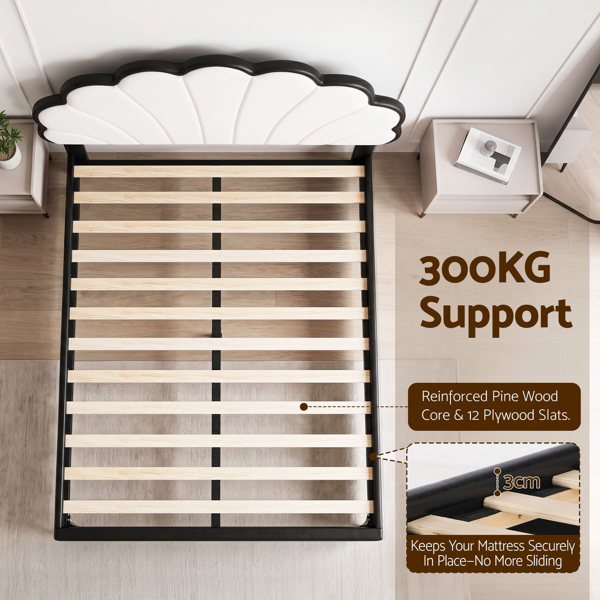 TWSC Double Bed Frame with Adjustable Shell Headboard and PVC Upholstery