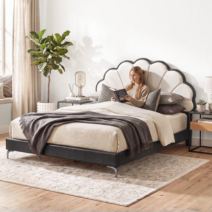 TWSC Double Bed Frame with Adjustable Shell Headboard and PVC Upholstery