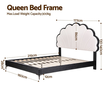 TWSC Queen Bed Frame with Adjustable Shell Headboard and PVC Upholstery