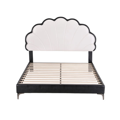 TWSC Queen Bed Frame with Adjustable Shell Headboard and PVC Upholstery
