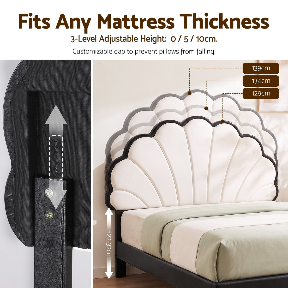 TWSC Queen Bed Frame with Adjustable Shell Headboard and PVC Upholstery