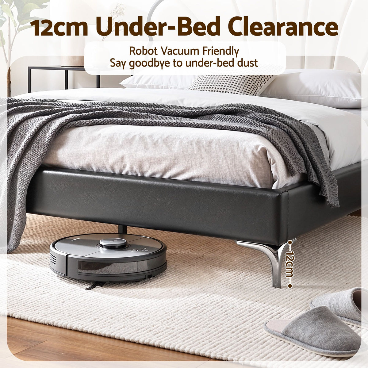 TWSC Queen Bed Frame with Adjustable Shell Headboard and PVC Upholstery