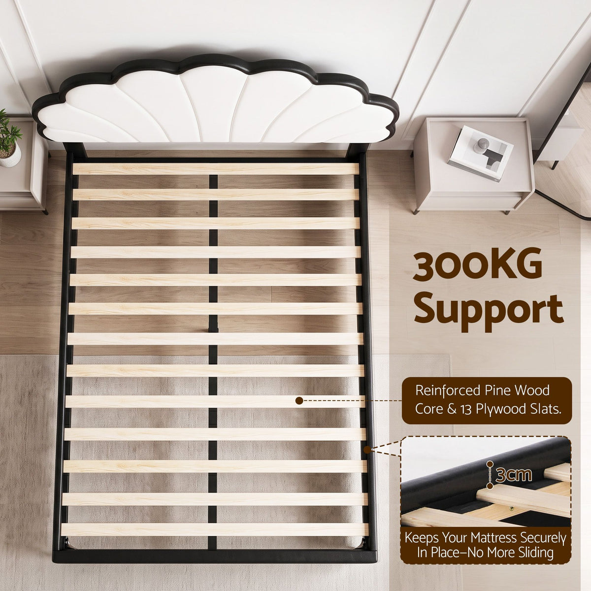 TWSC Queen Bed Frame with Adjustable Shell Headboard and PVC Upholstery