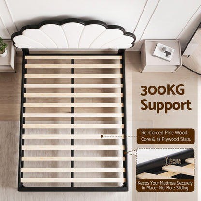 TWSC Queen Bed Frame with Adjustable Shell Headboard and PVC Upholstery