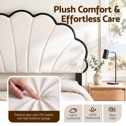 TWSC Queen Bed Frame with Adjustable Shell Headboard and PVC Upholstery