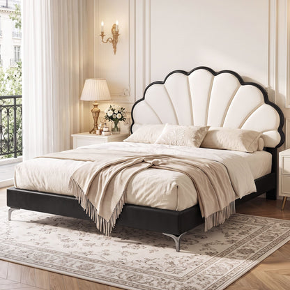 TWSC Queen Bed Frame with Adjustable Shell Headboard and PVC Upholstery