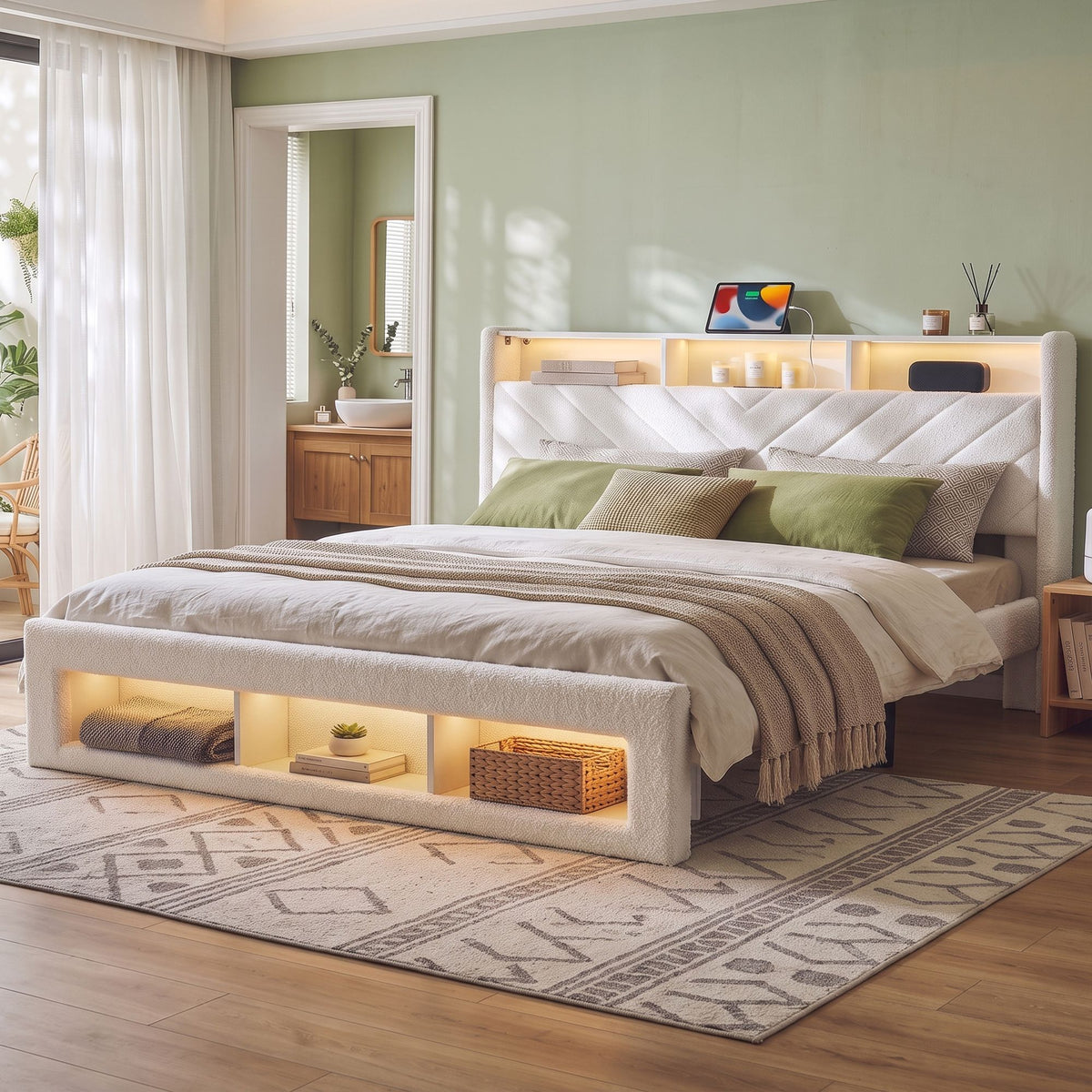 TWSC King Bed Frame with Storage, Charging Station & LED, White