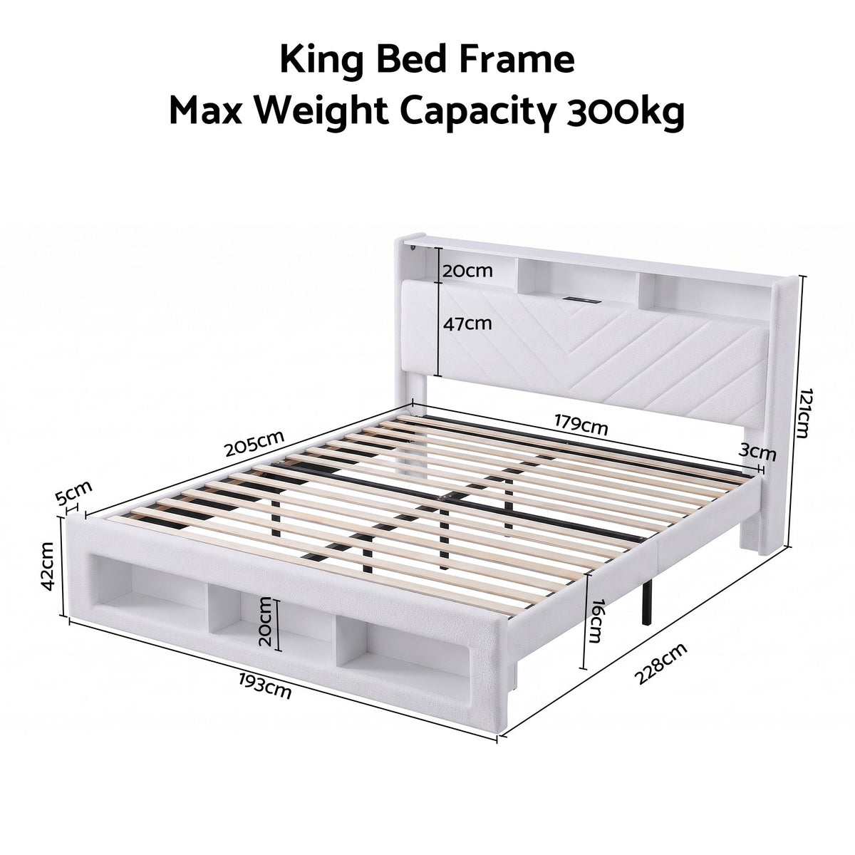 TWSC King Bed Frame with Storage, Charging Station & LED, White