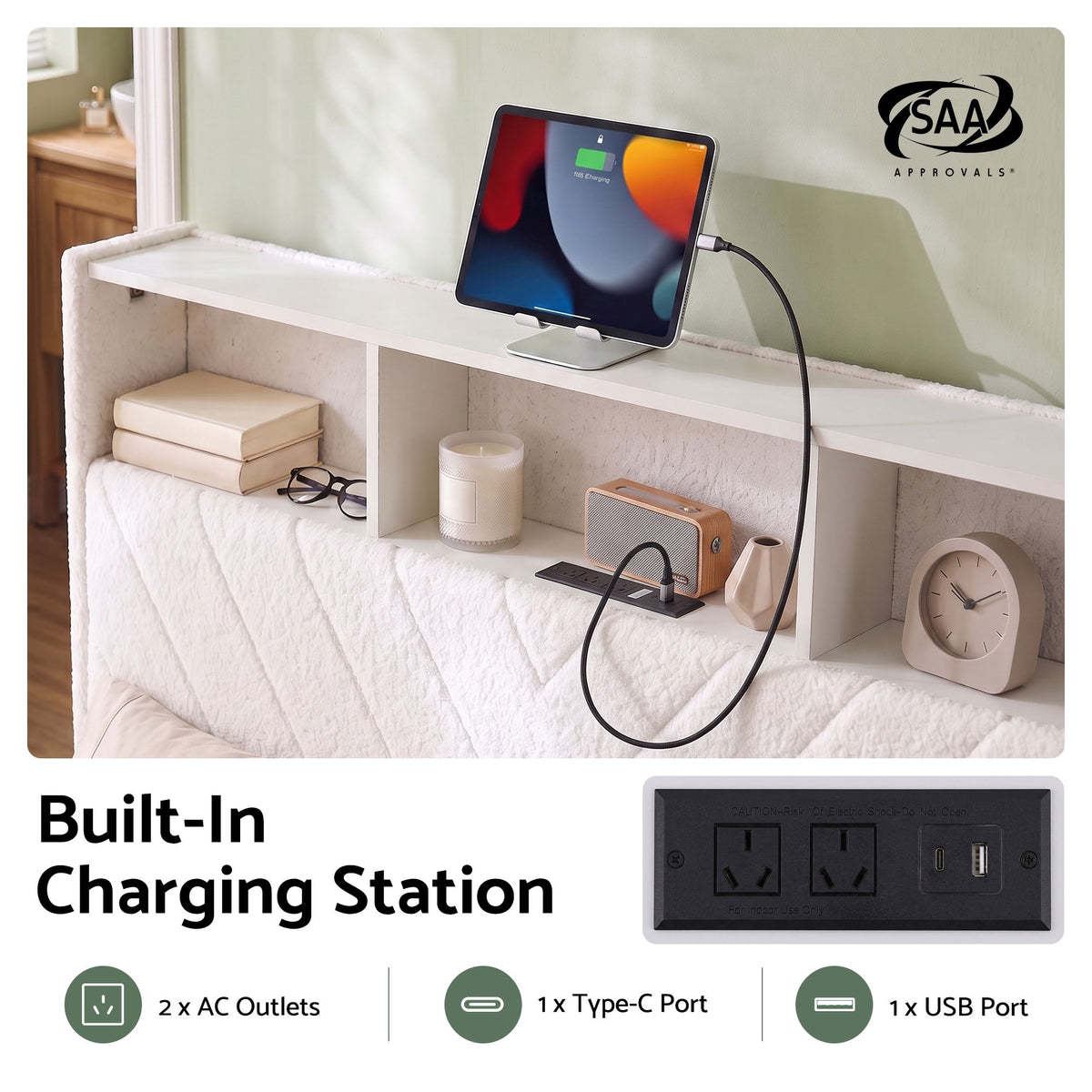 TWSC King Bed Frame with Storage, Charging Station & LED, White
