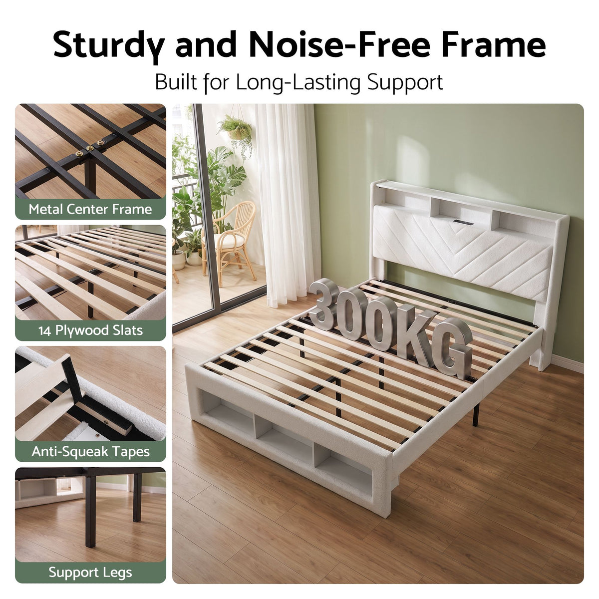 TWSC King Bed Frame with Storage, Charging Station & LED, White