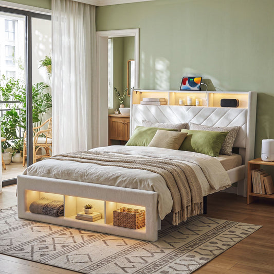 TWSC Queen Bed Frame with Storage Charging Station & LED White