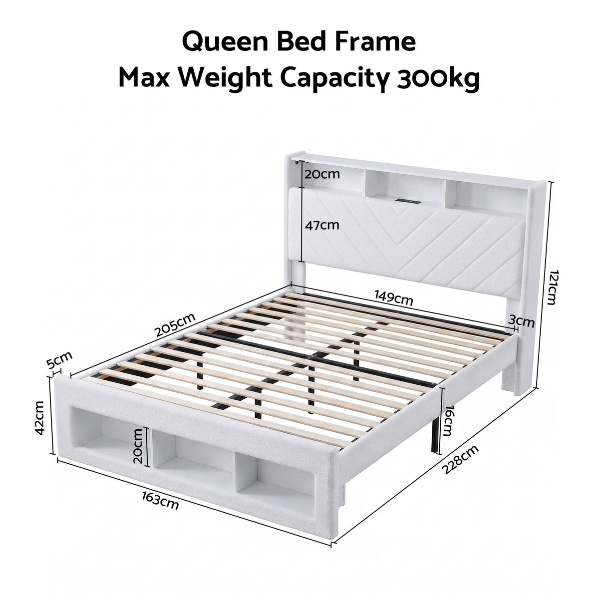 TWSC Queen Bed Frame with Storage Charging Station & LED White