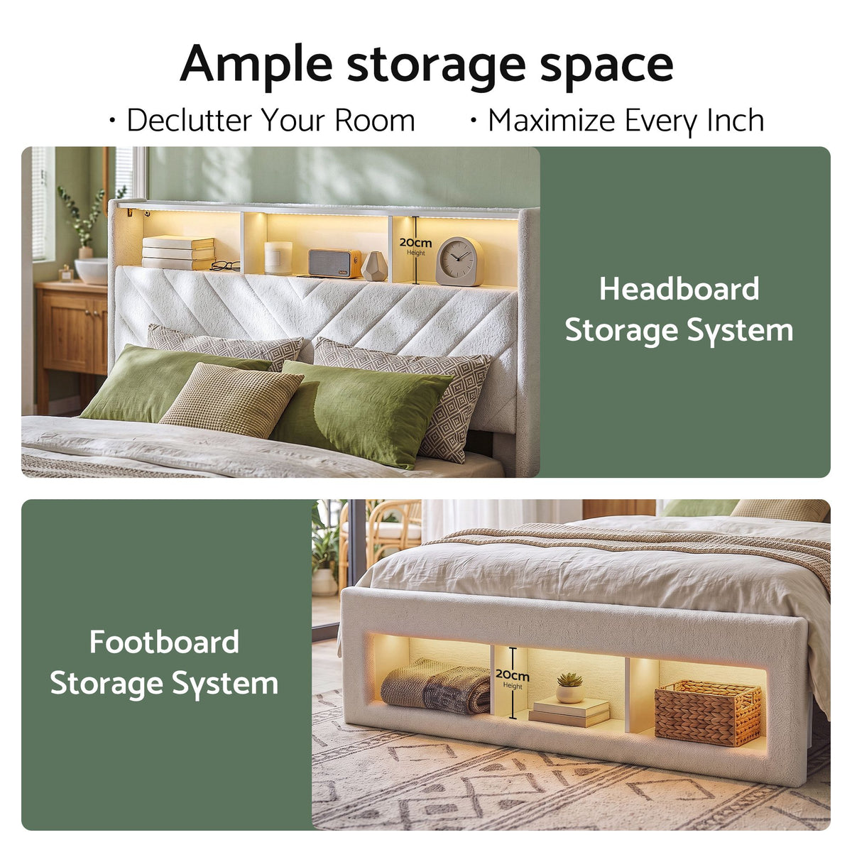 TWSC Queen Bed Frame with Storage Charging Station & LED White
