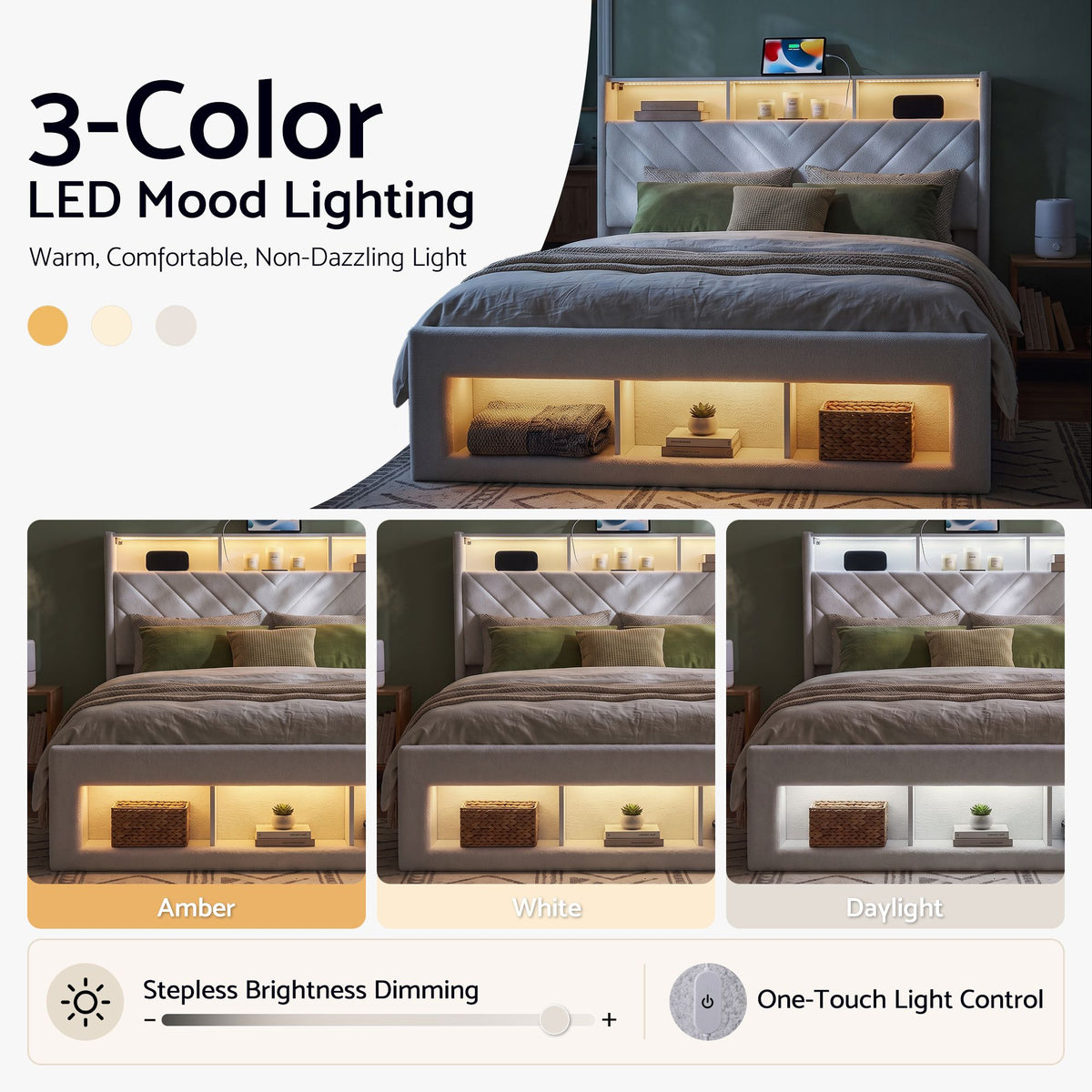 TWSC Queen Bed Frame with Storage Charging Station & LED White