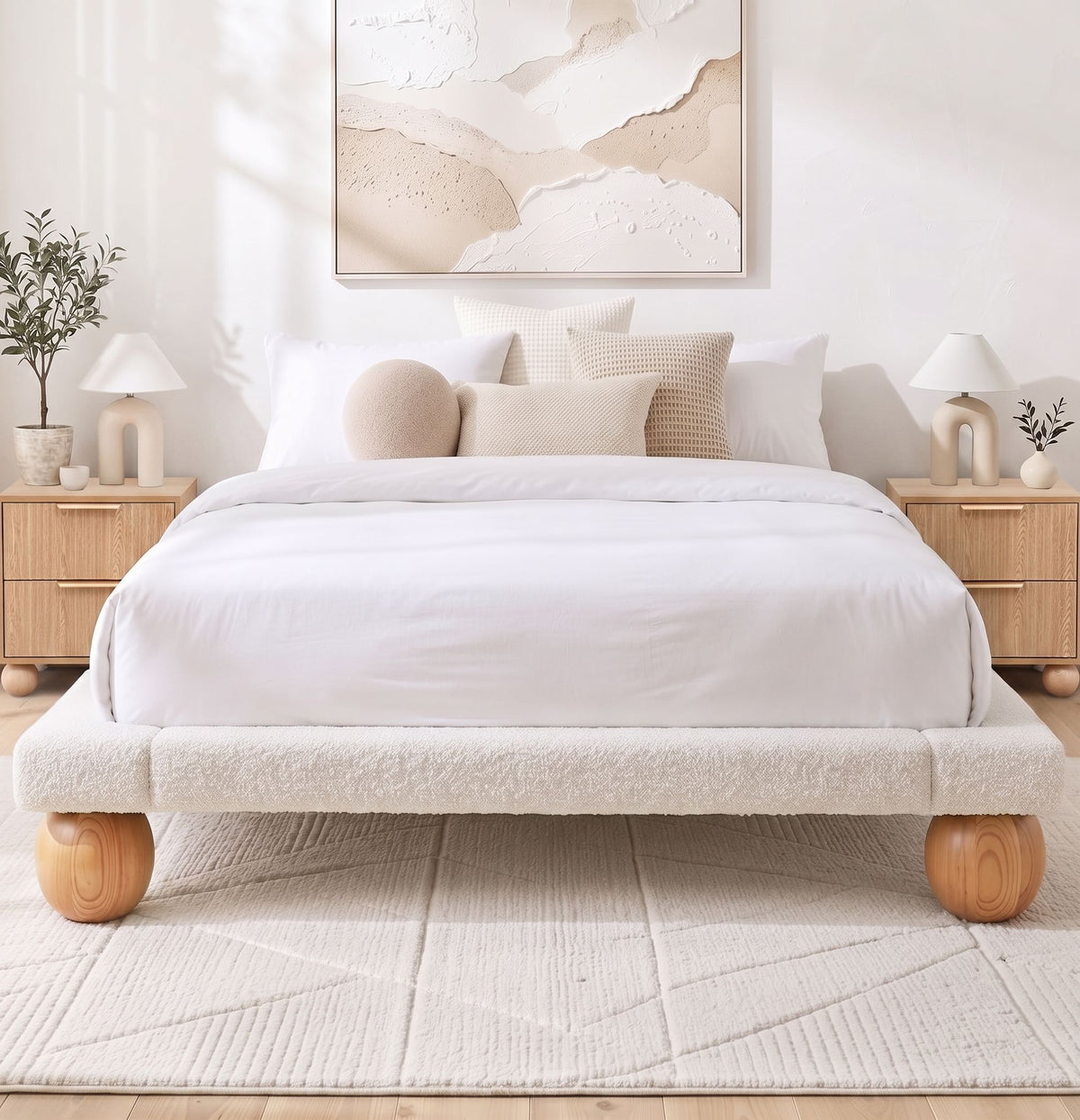 TWSC Queen Bed Frame and 2 Bedside Table Set, Boucle Upholstery Platform Bed