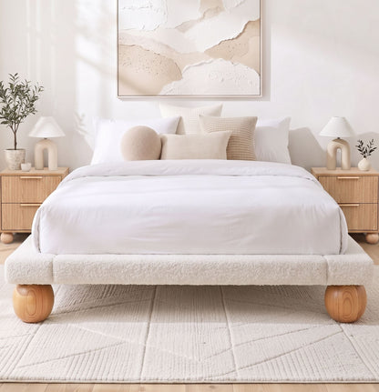 TWSC Queen Bed Frame and 2 Bedside Table Set, Boucle Upholstery Platform Bed