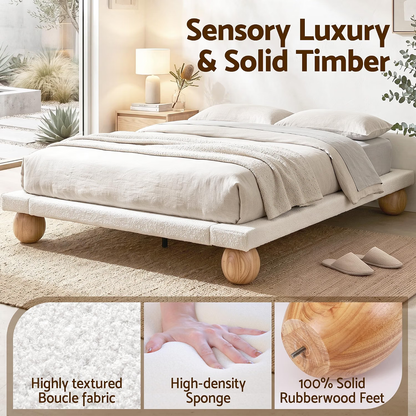 TWSC Queen Bed Frame and 2 Bedside Table Set, Boucle Upholstery Platform Bed