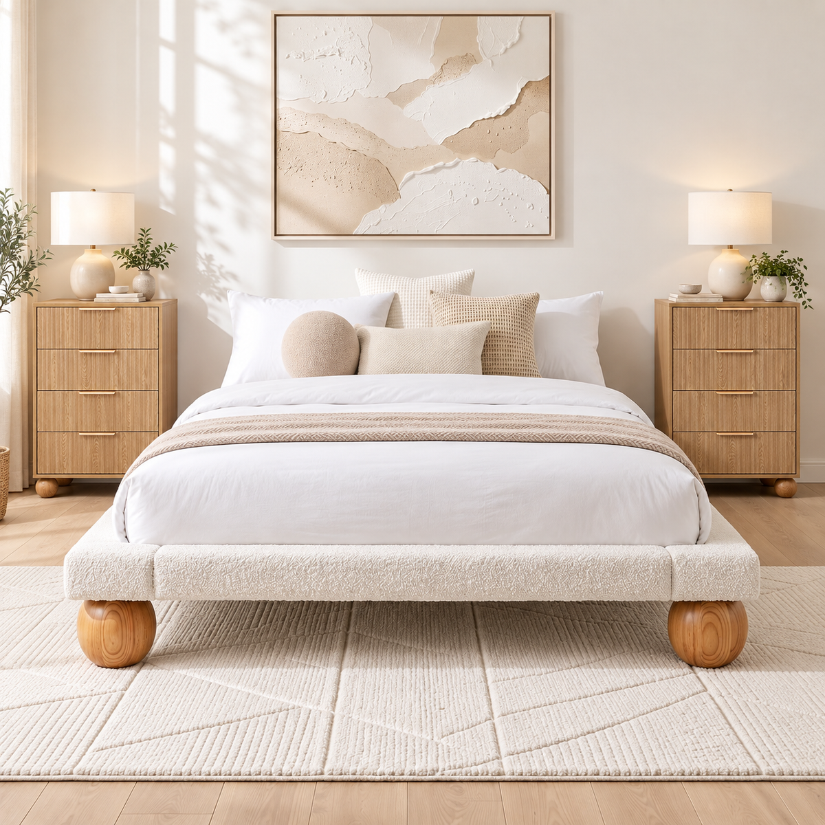 TWSC Queen Bed Frame and 2 Chest of Drawers Set, Boucle Upholstery Platform Bed
