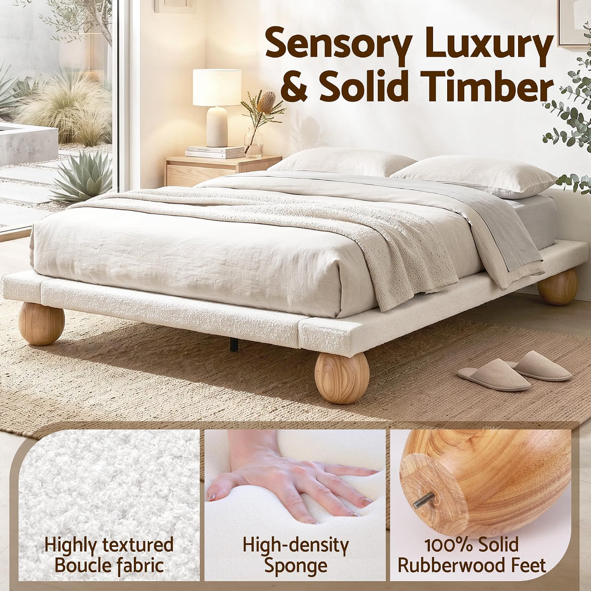 TWSC Queen Bed Frame and 2 Chest of Drawers Set, Boucle Upholstery Platform Bed