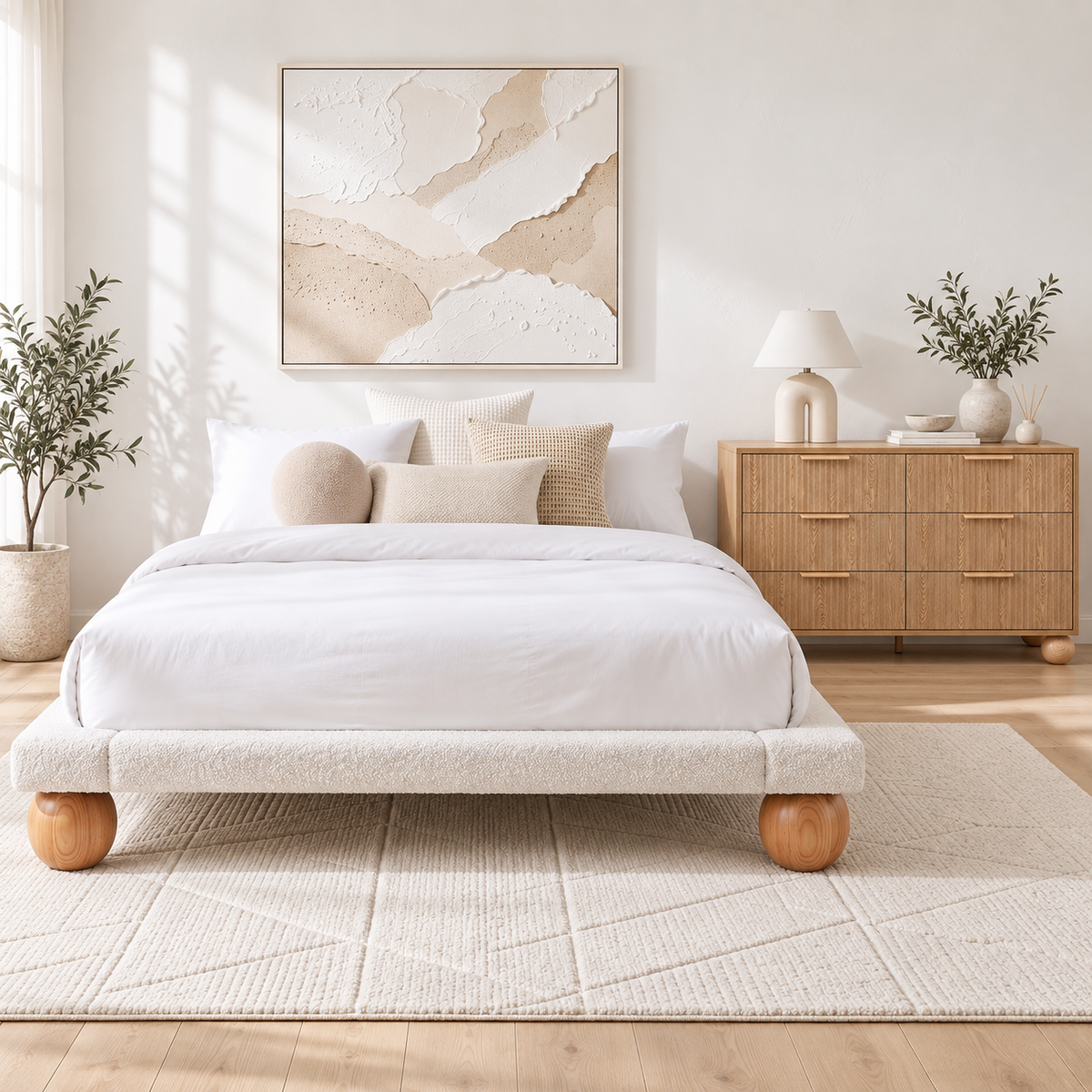 TWSC Boucle Queen Bed Frame and Chest of 6 Drawers Bedroom Set