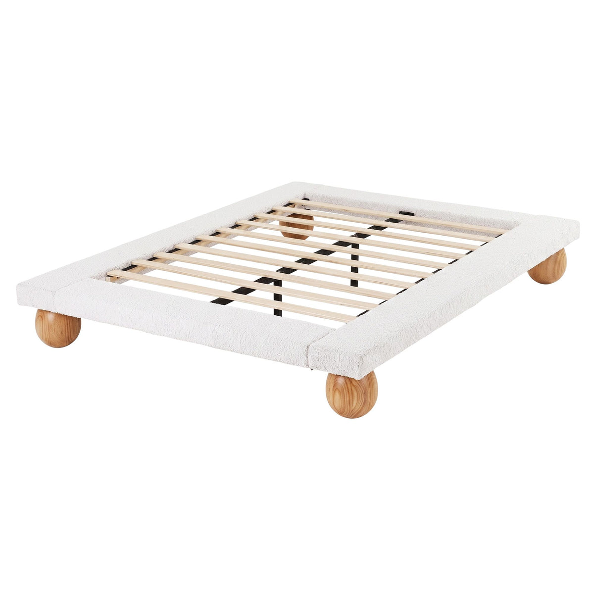 TWSC Queen Bed Frame with Boucle Upholstery and Solid Rubber Wood Legs