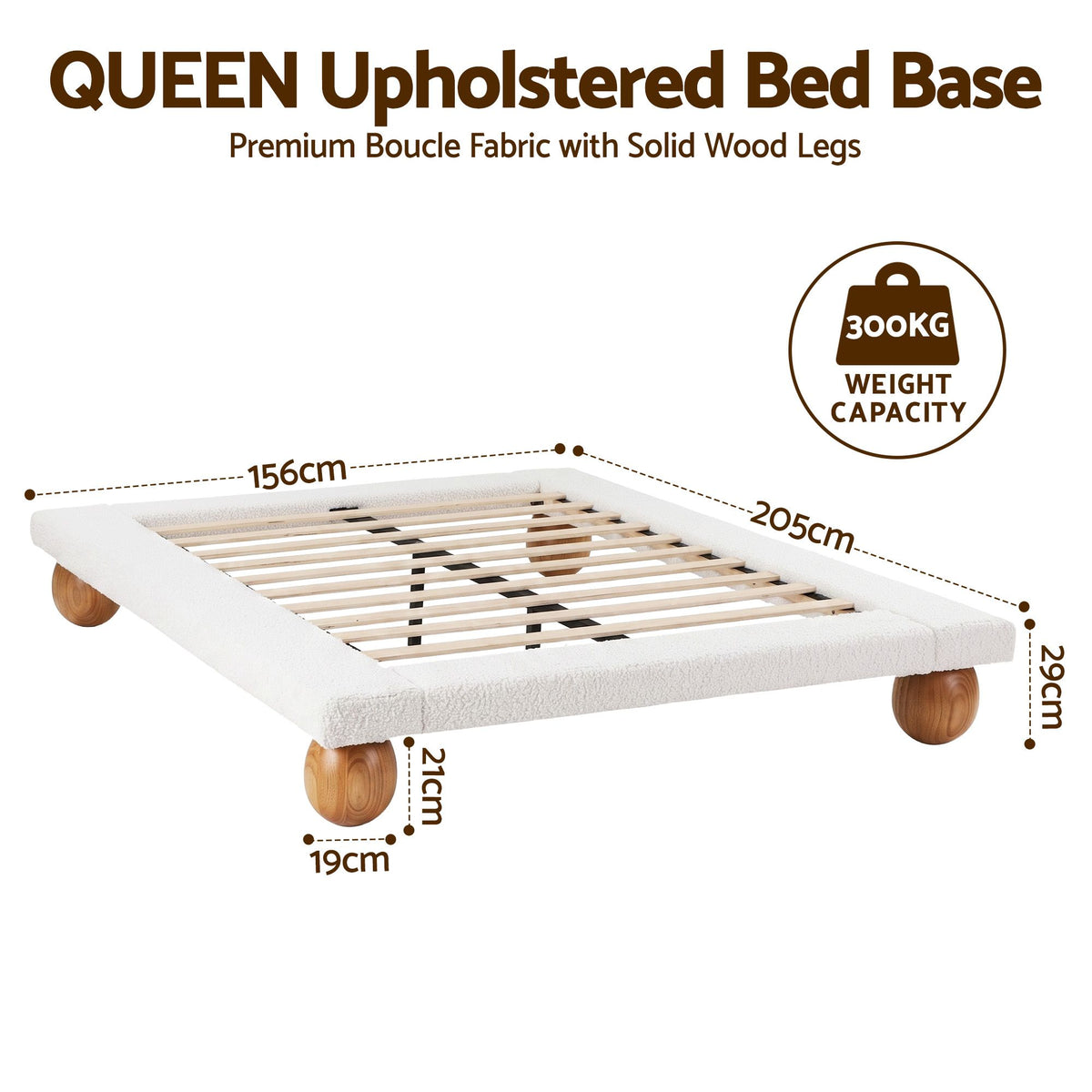 TWSC Queen Bed Frame with Boucle Upholstery and Solid Rubber Wood Legs