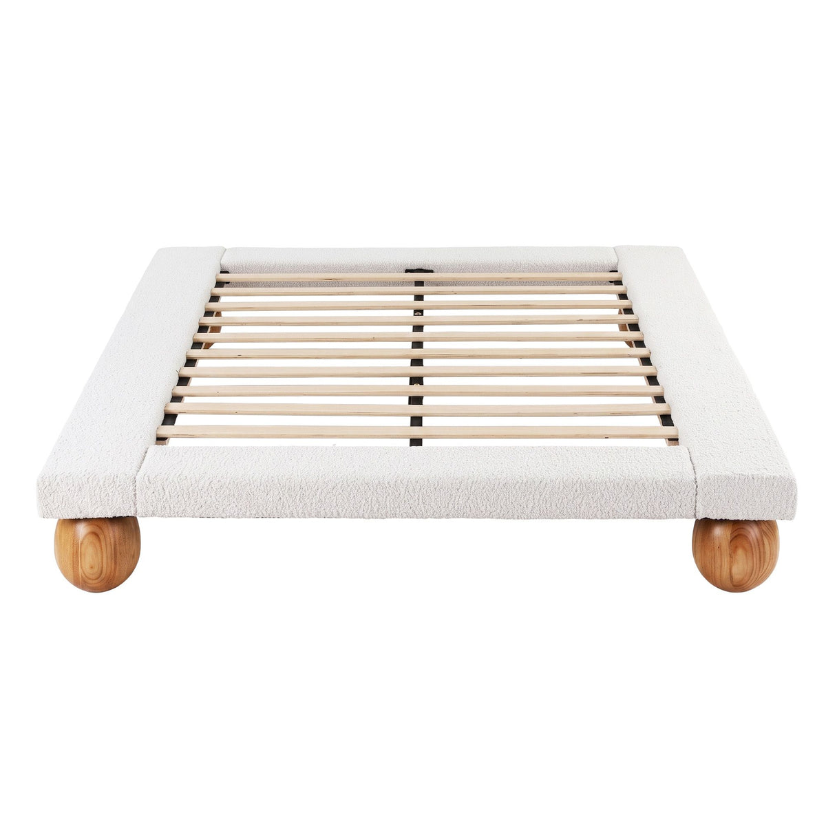 TWSC Queen Bed Frame with Boucle Upholstery and Solid Rubber Wood Legs