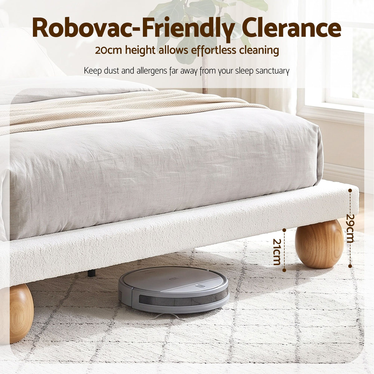 TWSC Queen Bed Frame with Boucle Upholstery and Solid Rubber Wood Legs