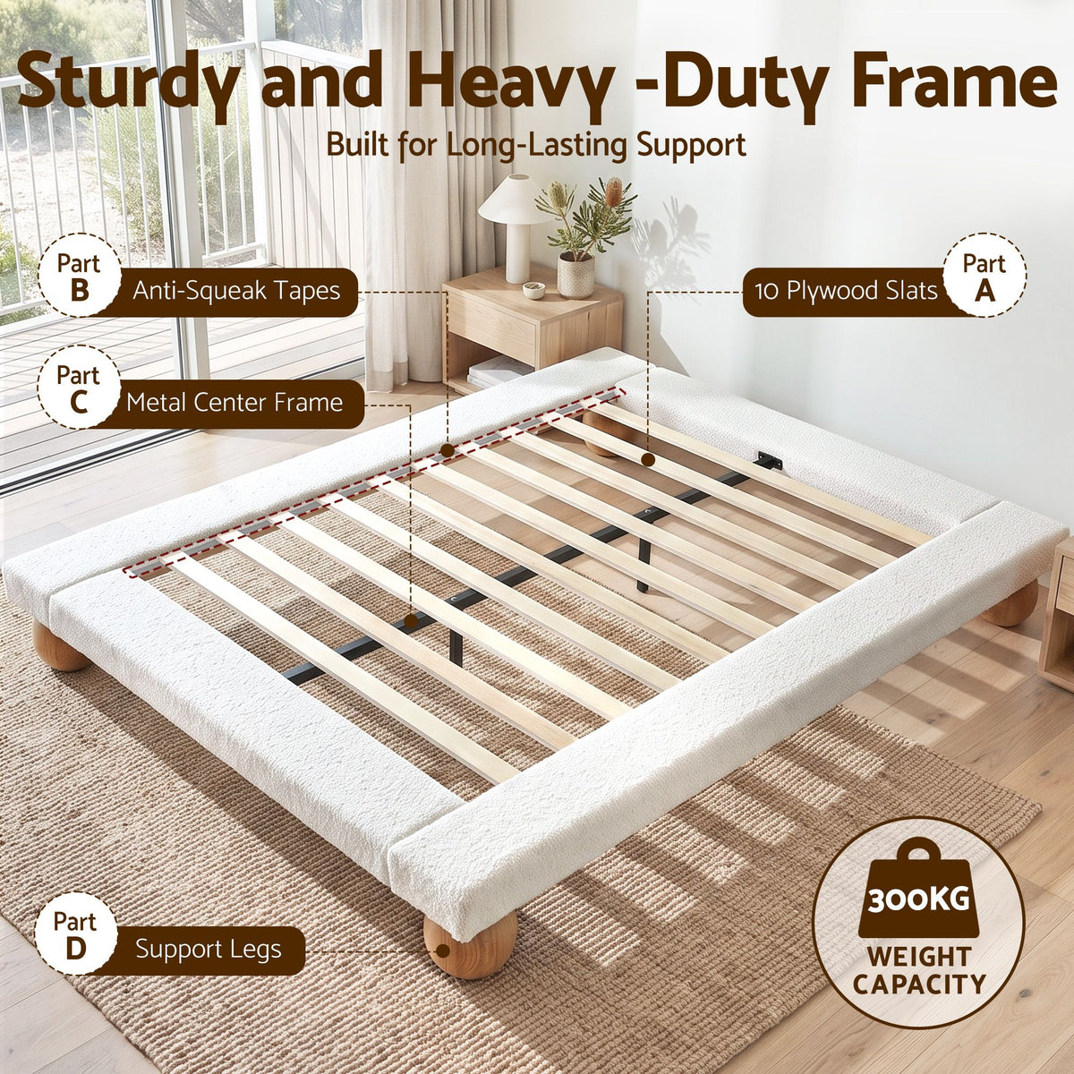 TWSC Queen Bed Frame with Boucle Upholstery and Solid Rubber Wood Legs