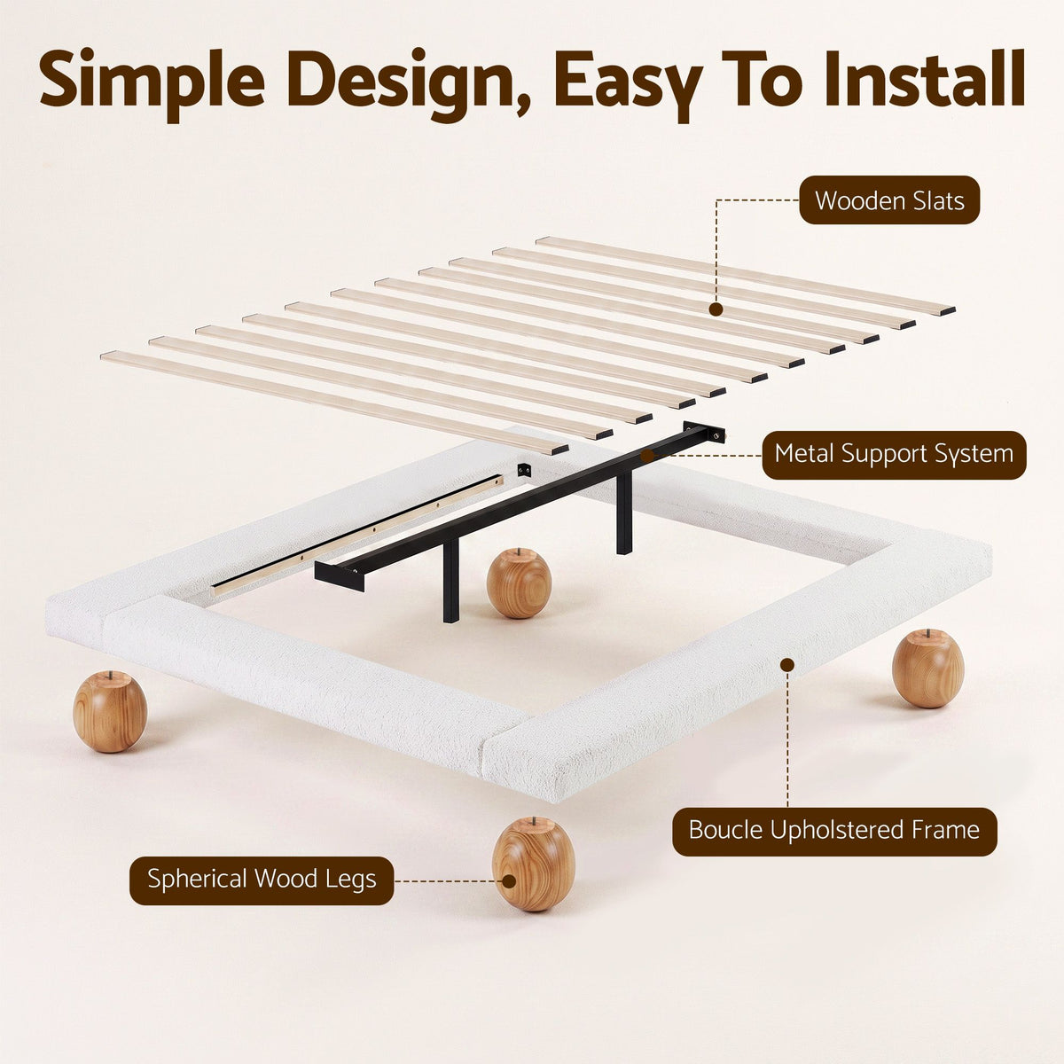 TWSC Queen Bed Frame with Boucle Upholstery and Solid Rubber Wood Legs