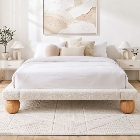 TWSC Queen Bed Frame with Boucle Upholstery and Solid Rubber Wood Legs