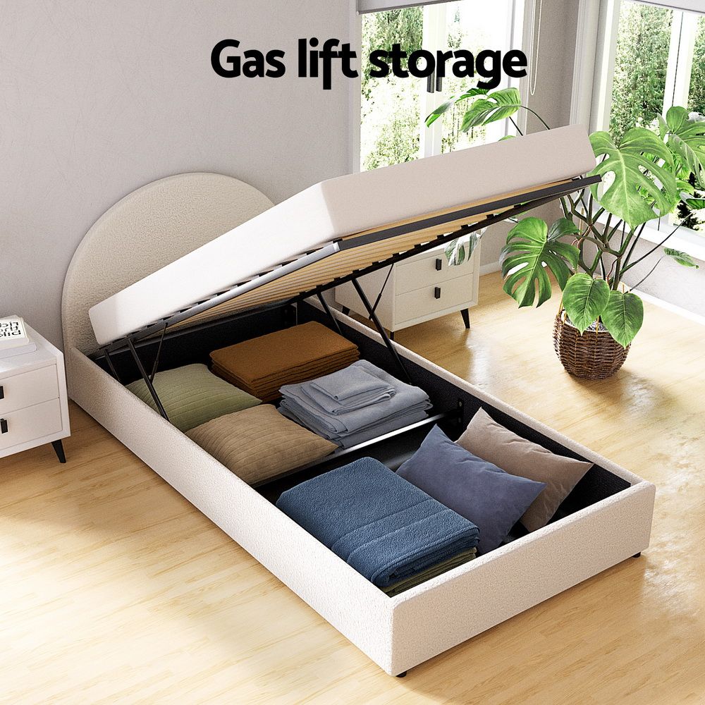 TWSC Bed Frame Gas Lift Strorage Beds Base Platform Boucle Fabric King Single ELLA