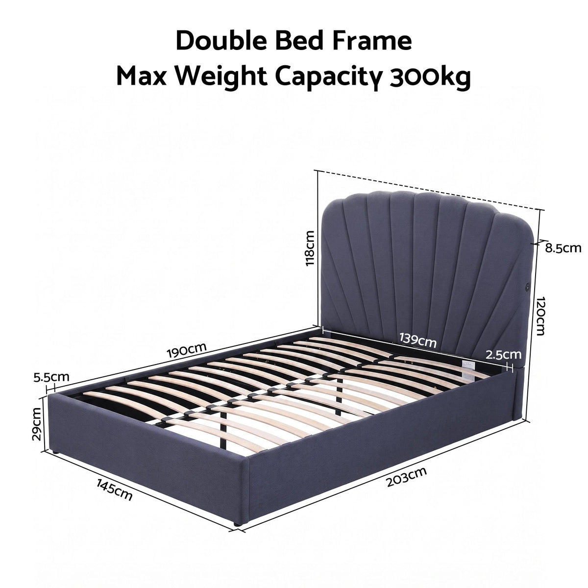 TWSC Double Bed Frame with Lift Up Storage and USB Ports Grey