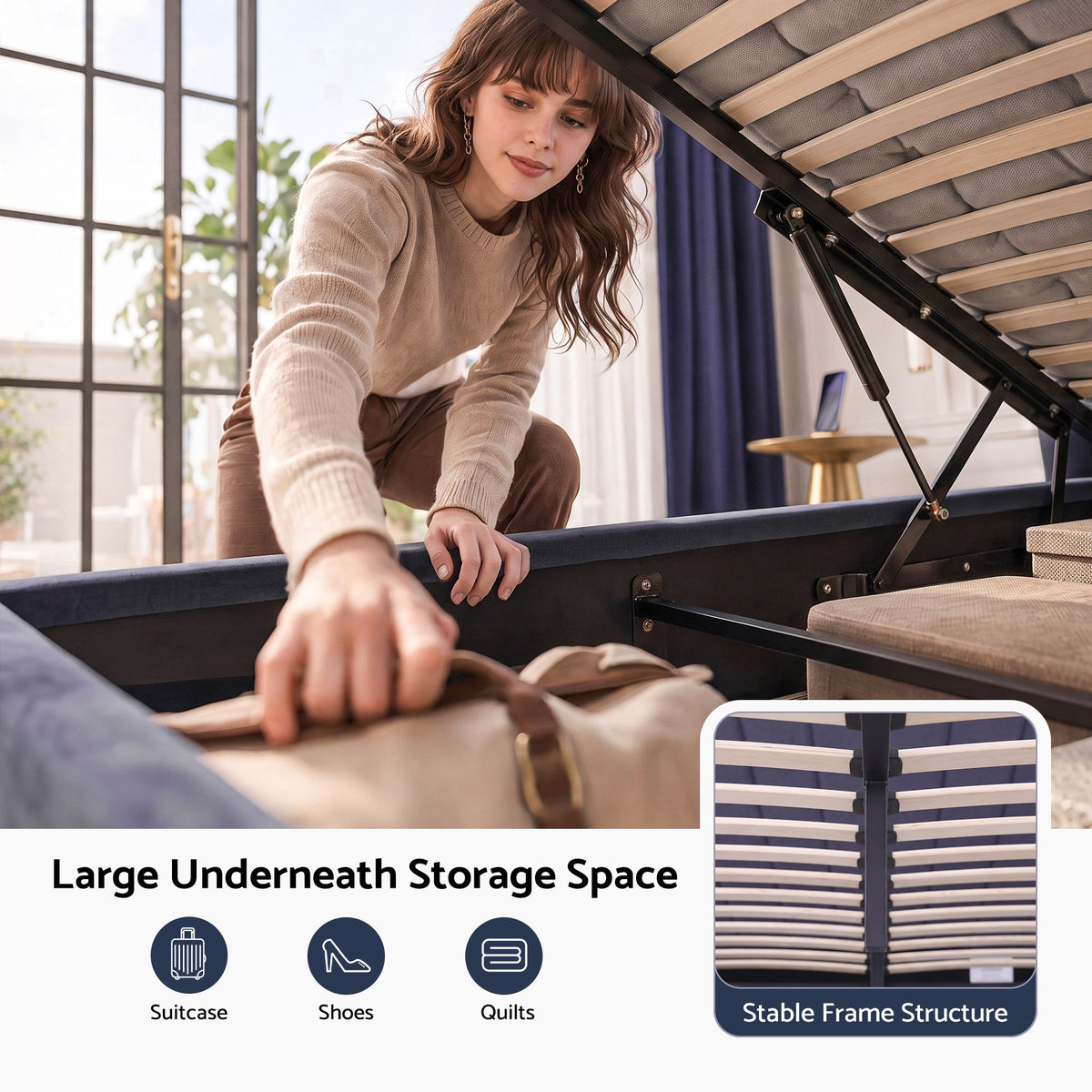 TWSC Double Bed Frame with Lift Up Storage and USB Ports Grey