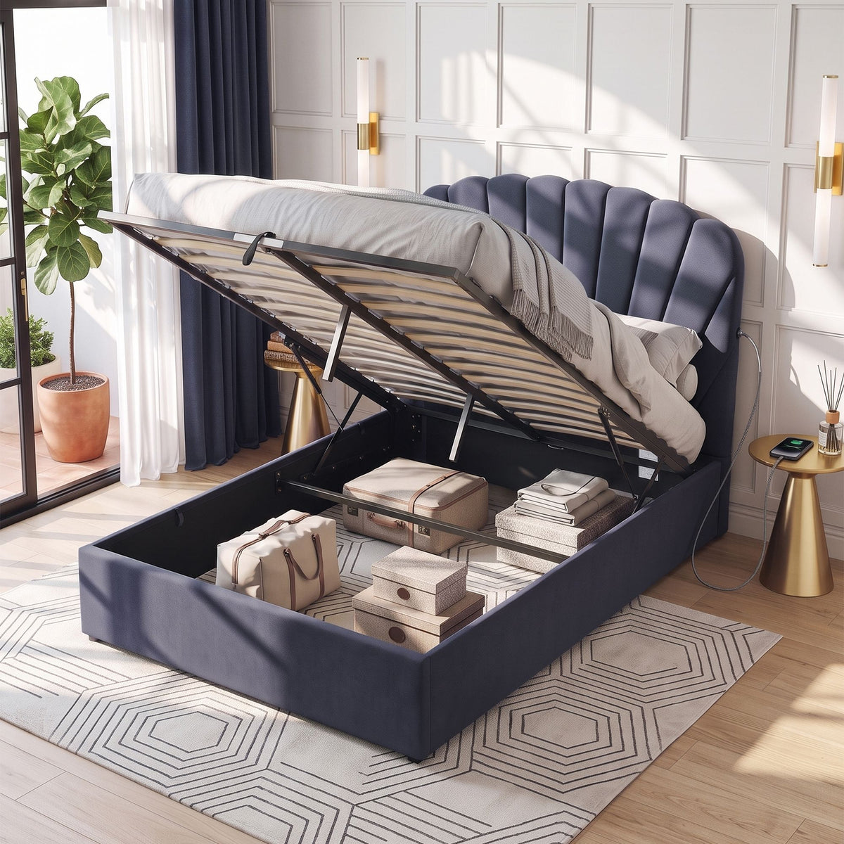 TWSC Double Bed Frame with Lift Up Storage and USB Ports Grey